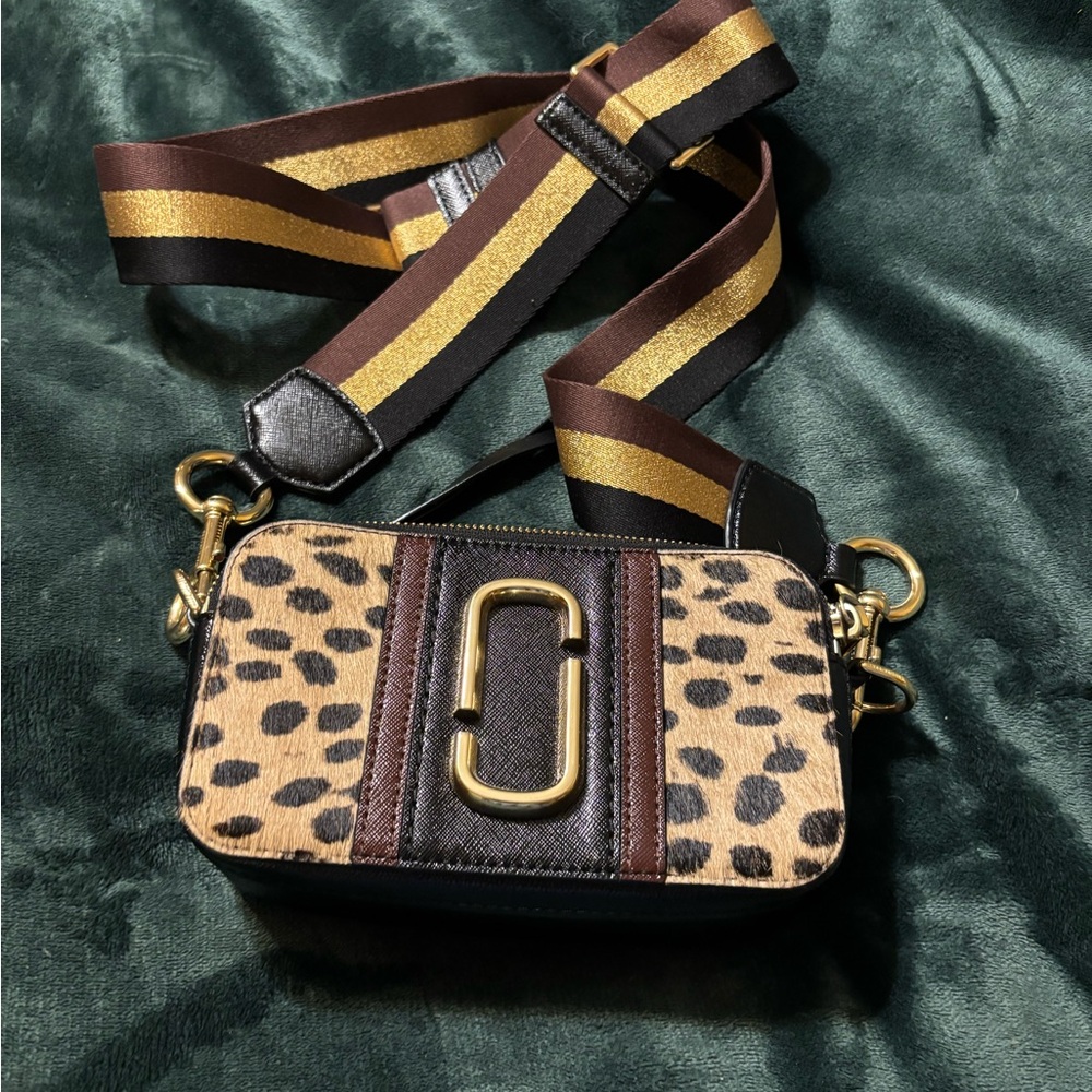 Marc Jacobs Leopard Haircalf Camera Bag with Brown & Gold Striped Strap